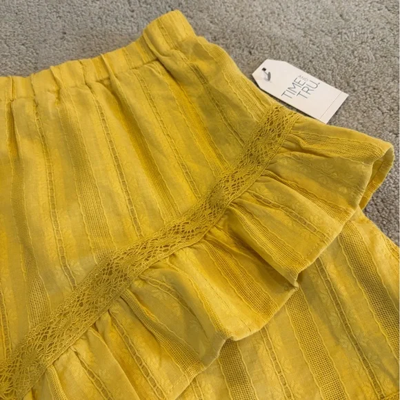 NWT Time Tru Asymmetrical Mustard Yellow Skirt Ruffle Tiered Summer Boho Lace - Picture 5 of 6
